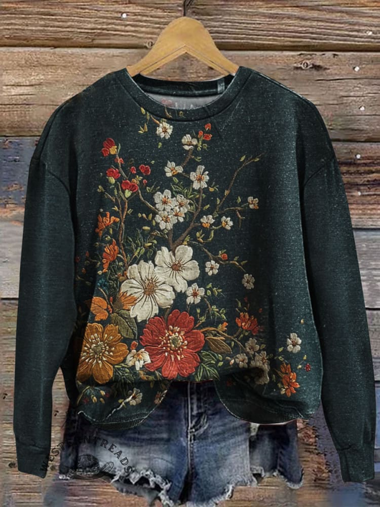 Vintage Flowers Casual Cotton Sweatshirt