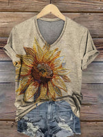 Sunflower Art Print V-neck Casual T-Shirt