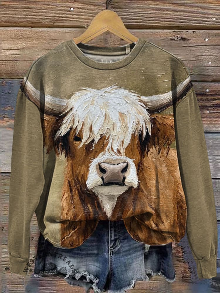 Vintage Highland Cow Art Print Casual Cotton Sweatshirt