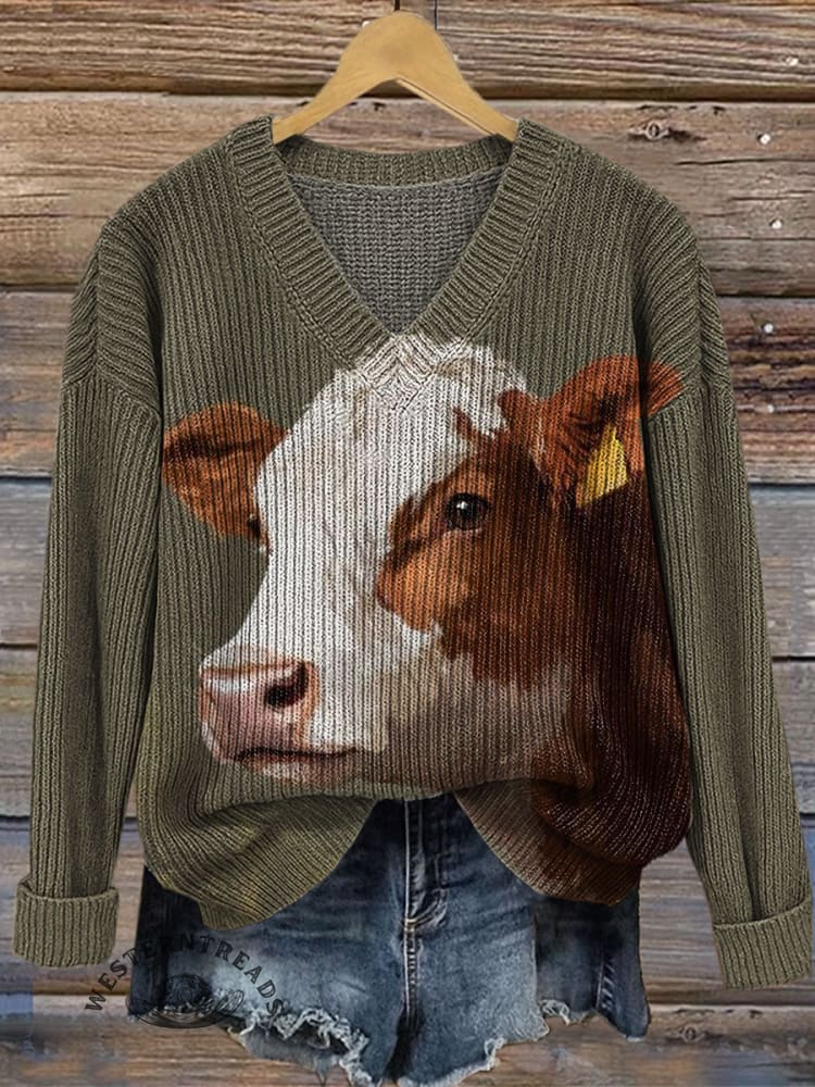 Vintage Cow Art Prints Casual V-neck Pullover Knit