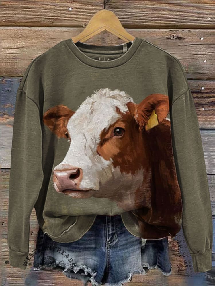 Vintage Cow Art Print Casual Cotton Sweatshirt