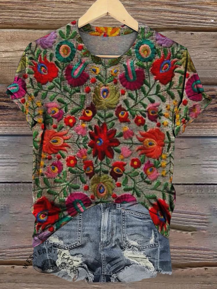 Vintage Flowers Print Casual T-shirt