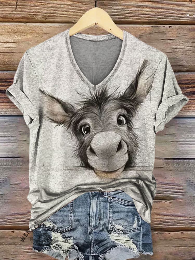 Donkey Print V-neck Casual T-Shirt