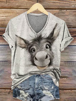 Donkey Print V-neck Casual T-Shirt