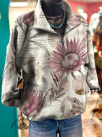 Vintage Floral Prints Casual Long Sleeve Zip Sweatshirt