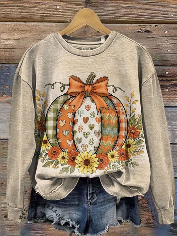 Vintage Pumpkin Art Print Casual Cotton Sweatshirt