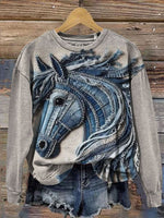 Vintage Horse Print Casual Cotton Sweatshirt