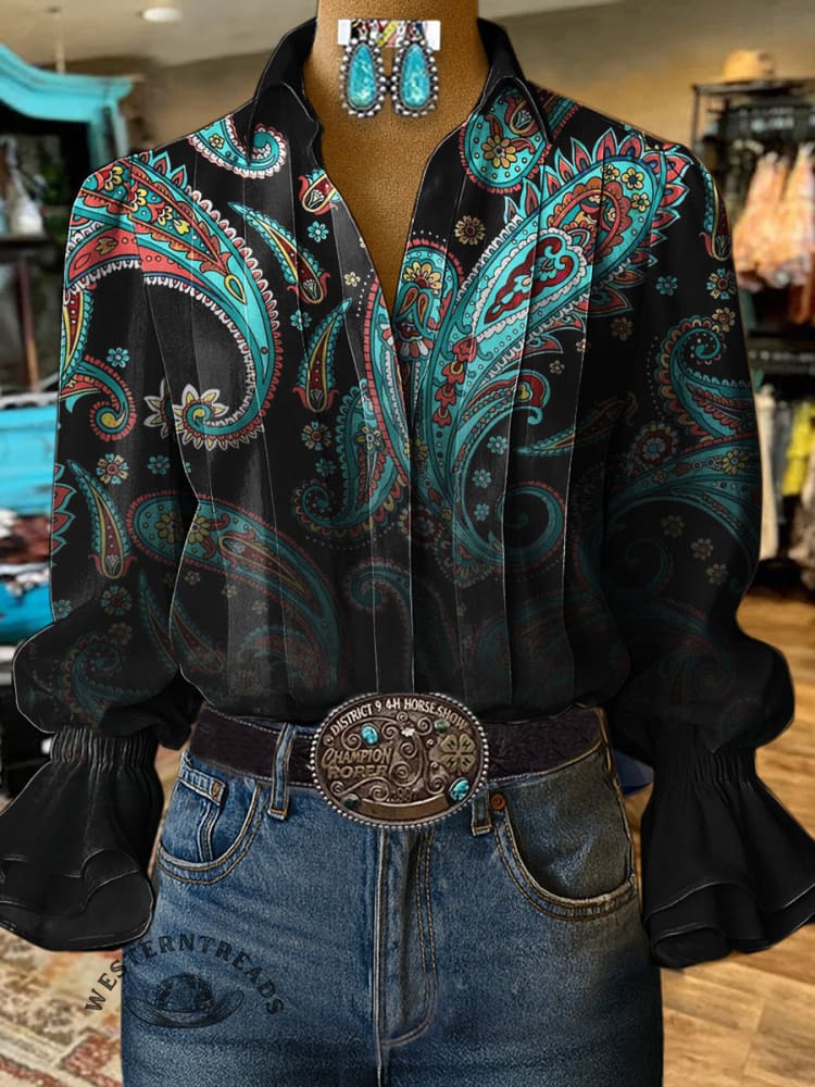 Paisley Art Print Casual Cotton And Linen Shirt