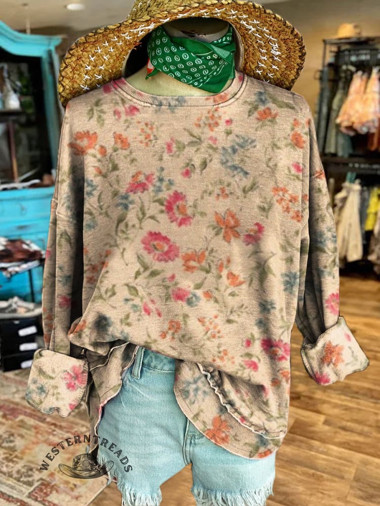 Vintage Flowers Print Casual Cotton Sweatshirt