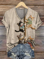 Funny Cat Print V-neck Casual T-Shirt