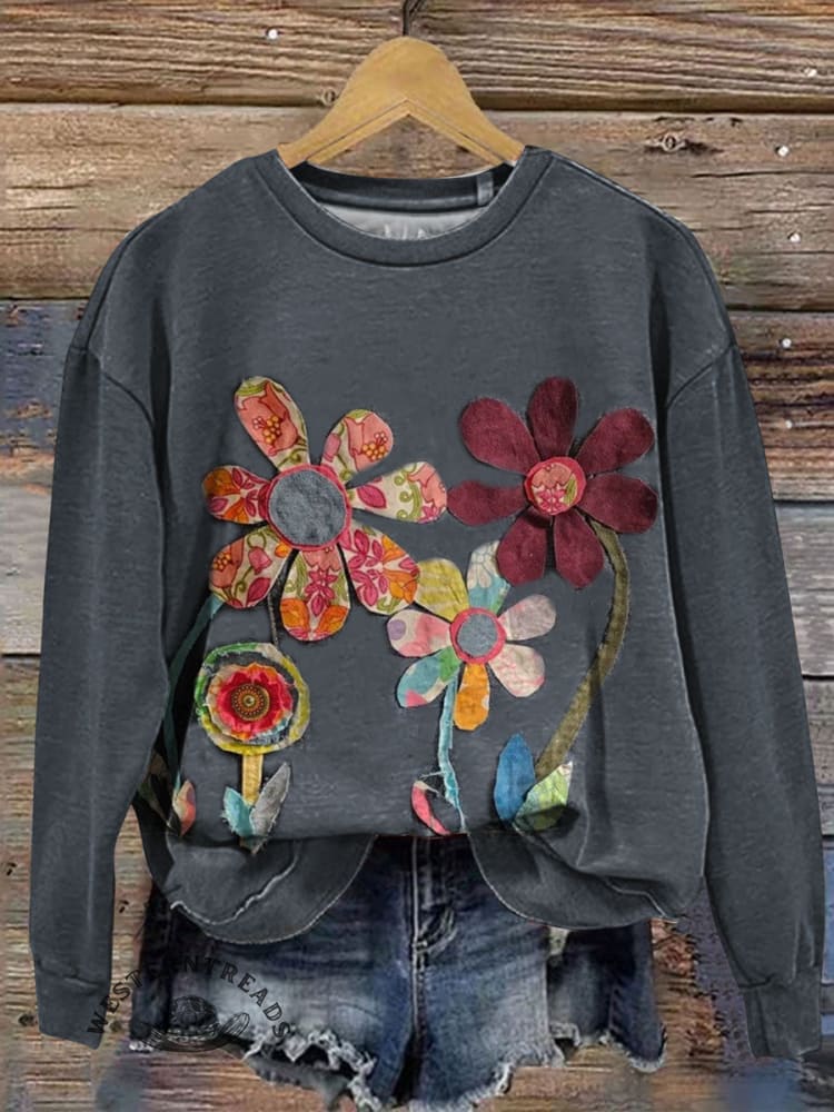 Vintage Flowers Prints Casual Cotton Sweatshirt