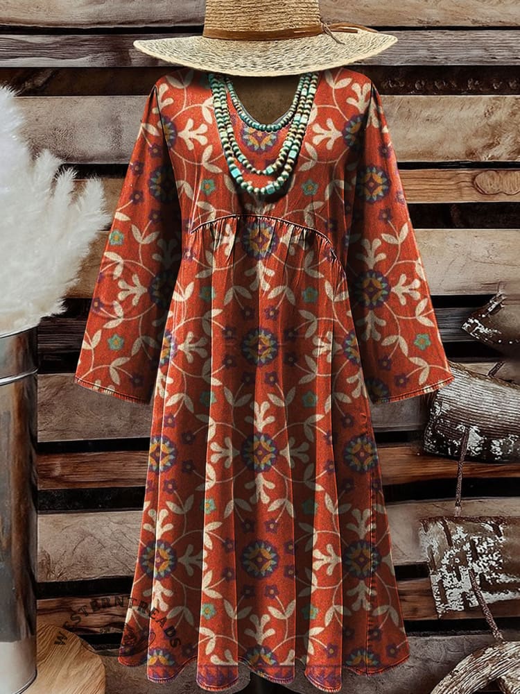Vintage Print Flowy Cotton Crew Neck Dress