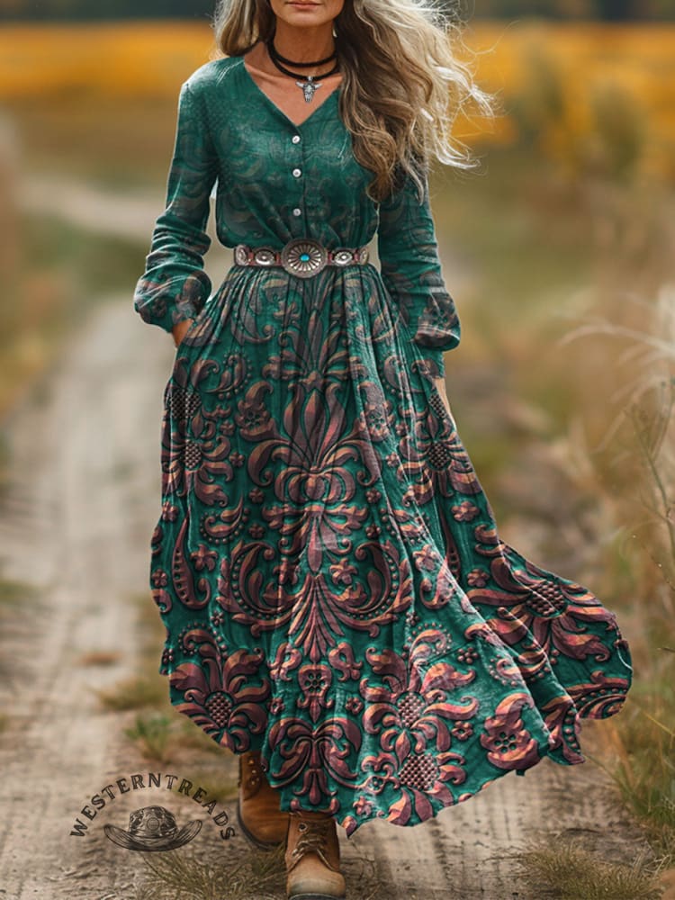 Vintage Art Print V-Neck Button Pocket Cotton Dress