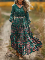 Vintage Art Print V-Neck Button Pocket Cotton Dress