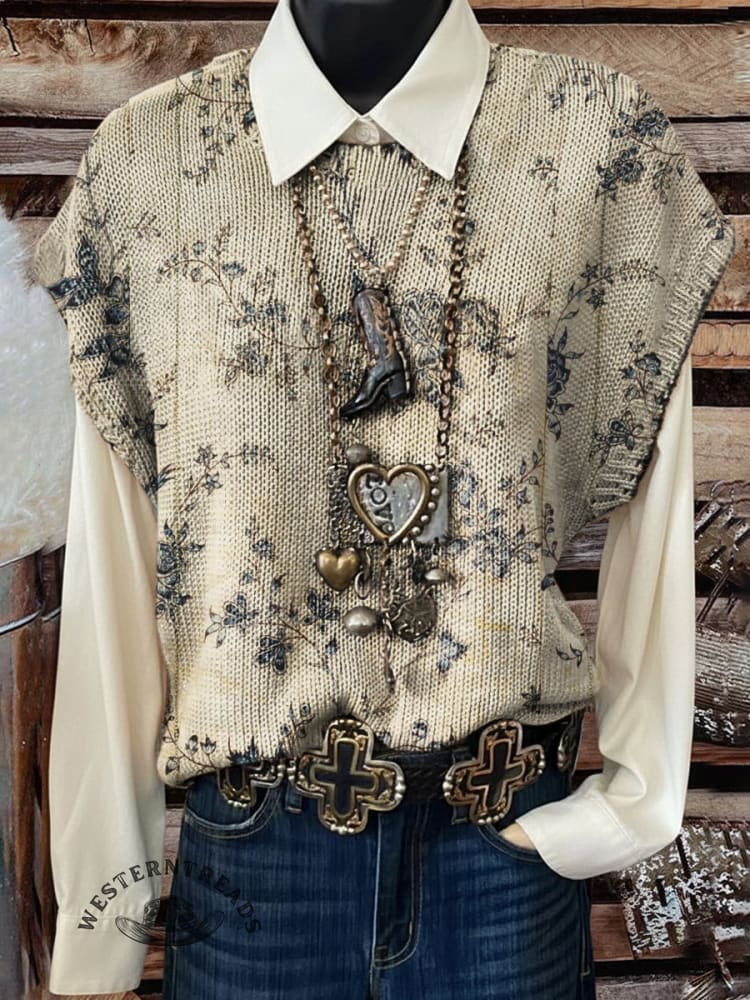 Vintage Flowers Print Casual Crew Neck Short Sleeve Knitted Sweater