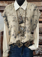 Vintage Flowers Print Casual Crew Neck Short Sleeve Knitted Sweater