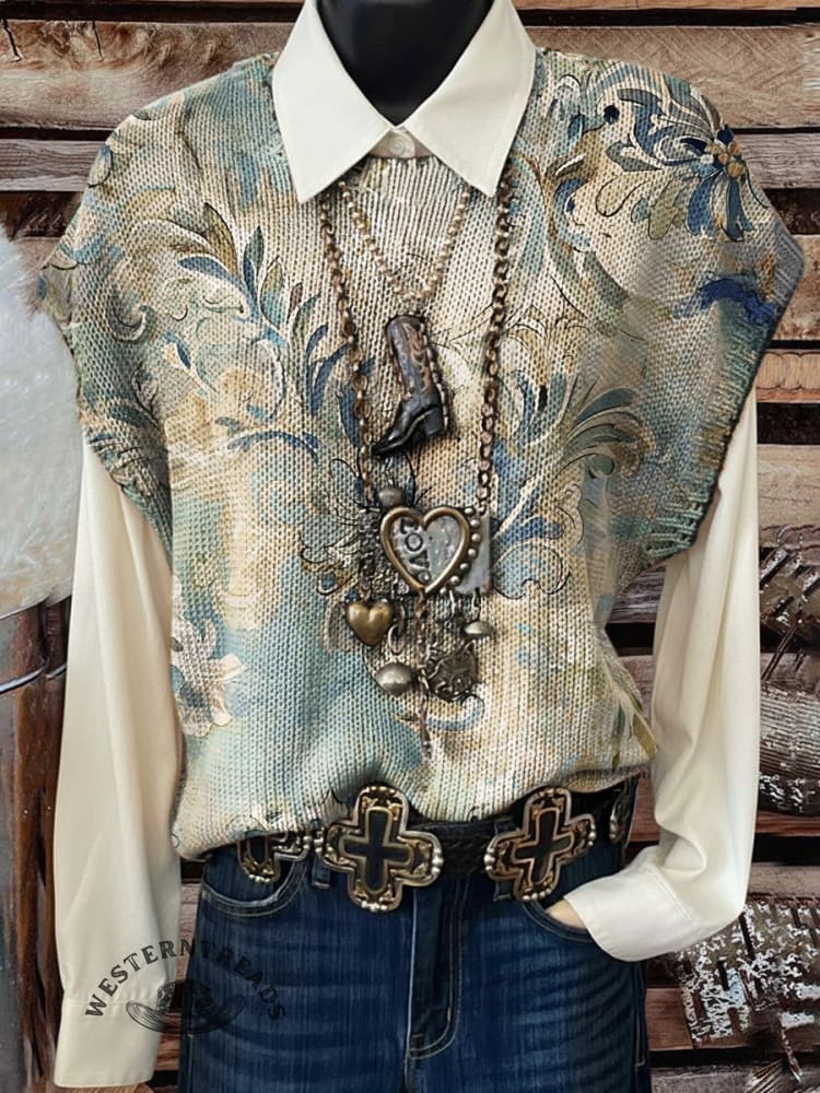 Vintage Flowers Print Casual Crew Neck Short Sleeve Knitted Sweater