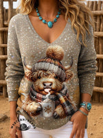 Winter Christmas Highland Cow Print Casual Sweatshirt