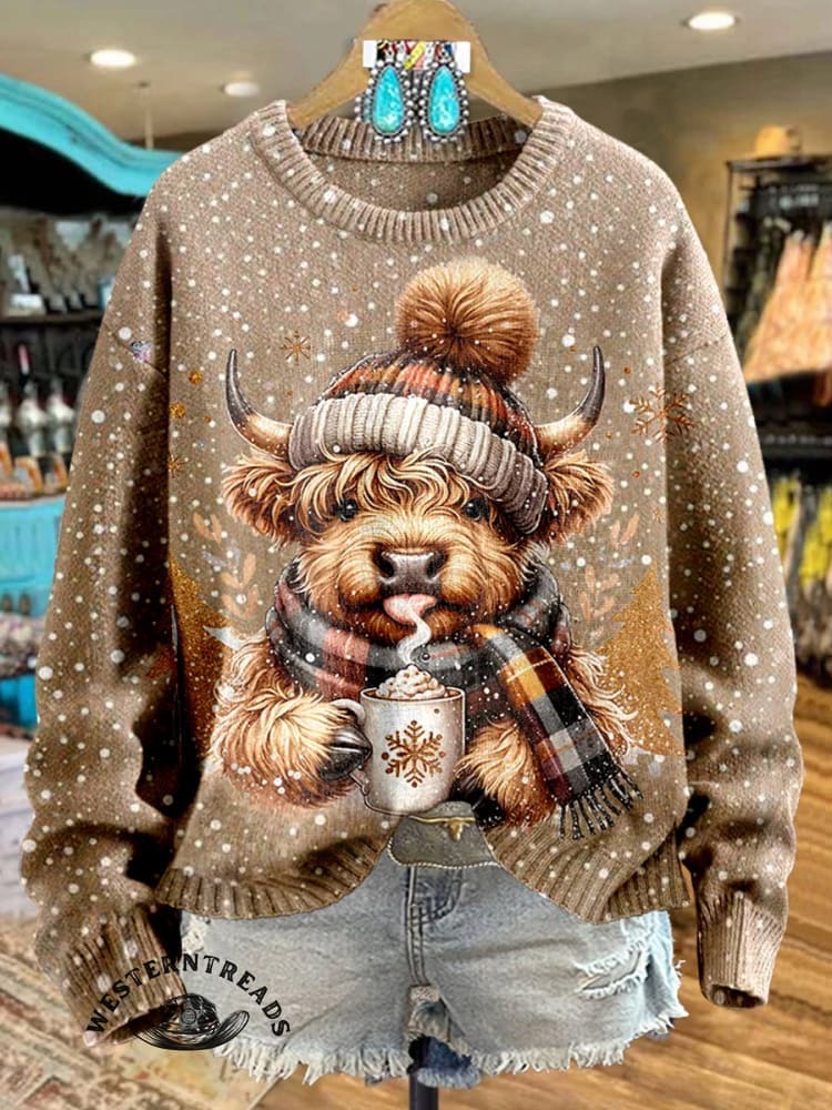 Highland Cow Art Print Knit Pullover Sweater