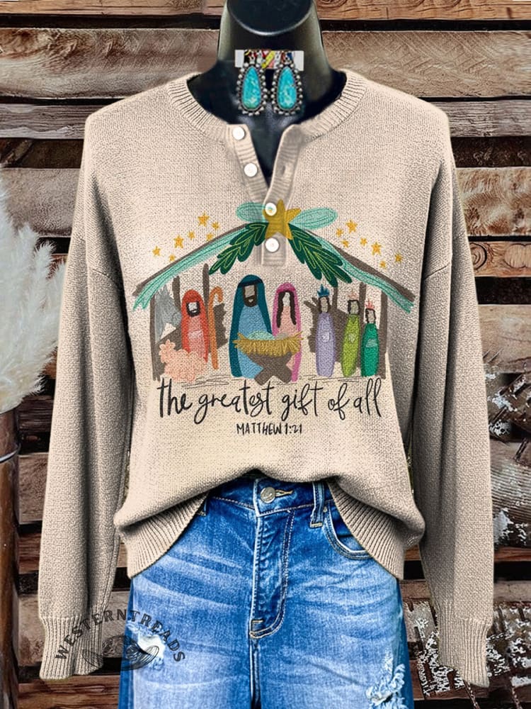 Christmas Art Print Buttoned Cardigan Sweater