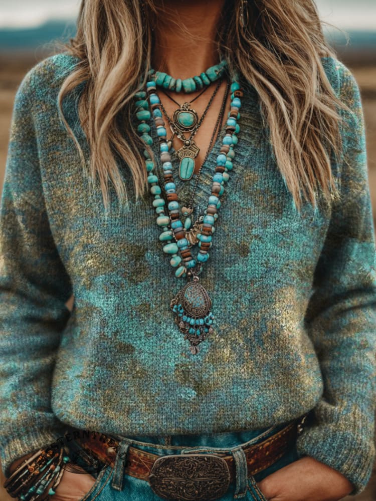 Vintage Art Print Casual V-neck Pullover Knit