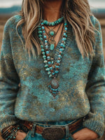 Vintage Art Print Casual V-neck Pullover Knit