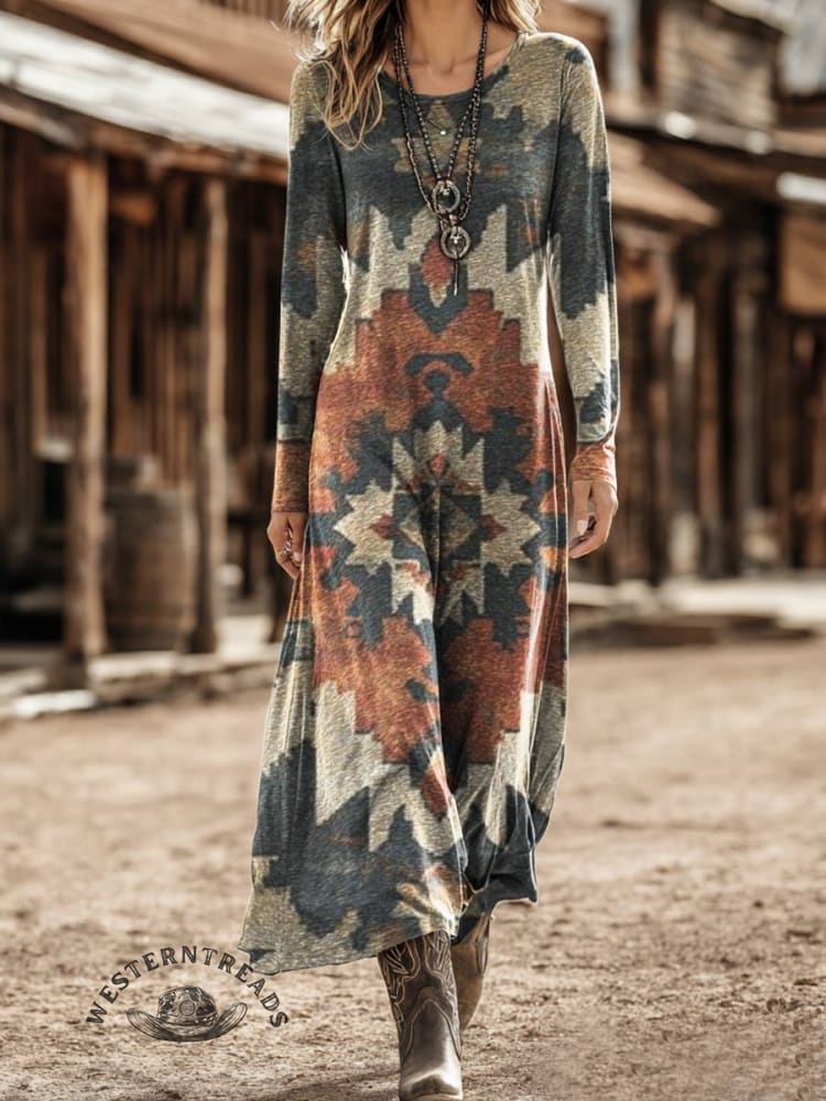 Women's Aztec Art Print Long-sleeved Dress