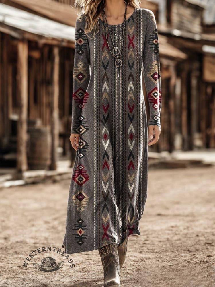 Vintage Aztec Prints Long-sleeved Dress