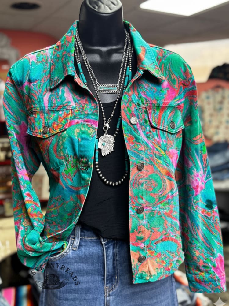Abstract Art Print Casual Denim Jacket