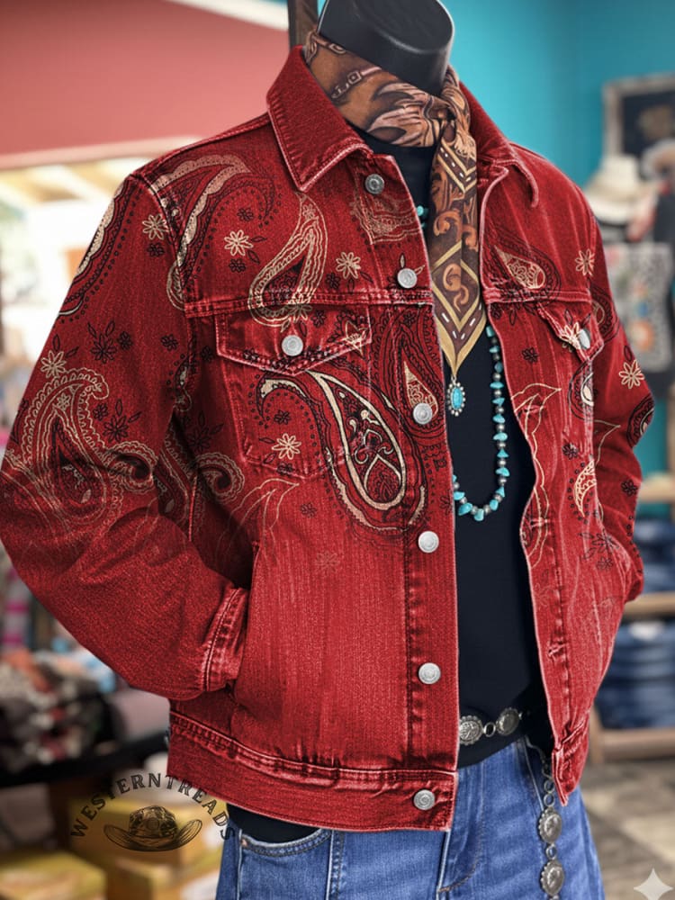 Paisley Art Print Casual Denim Jacket