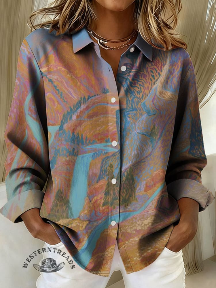 Vintage Art Print Casual Cotton Shirt