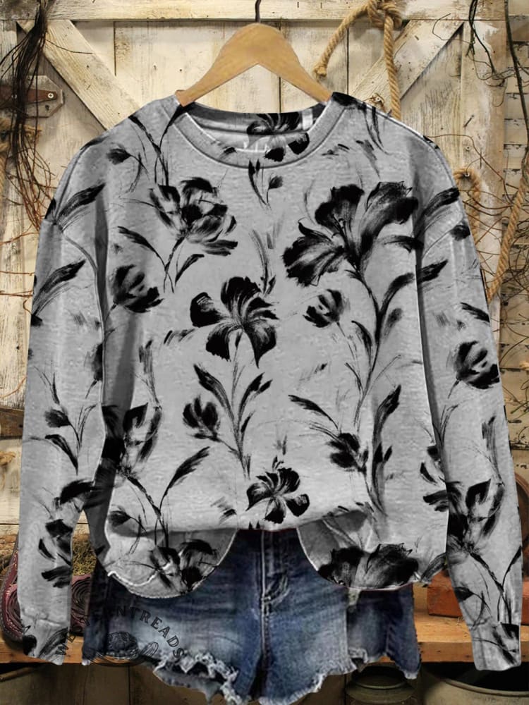 Flowers Print Casual Cotton Sweatshirt
