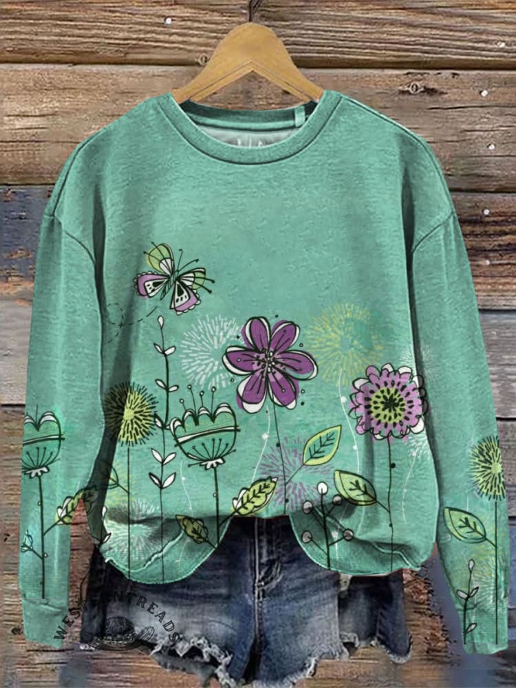 Vintage Simple Floral Print Casual Cotton Sweatshirt