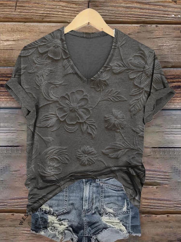 Floral Pattern Women's V-neck Casual T-Shirt