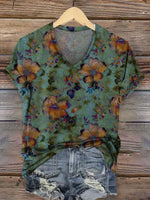 Retro Flower Prints Women's Vintage Art V-neck Casual T-Shirt