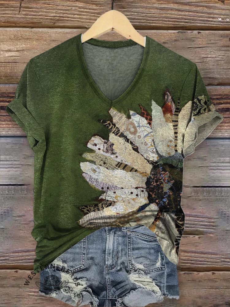 Women's Retro Ethnic Style Daisy Flowers Art V-neck Casual T-Shirt