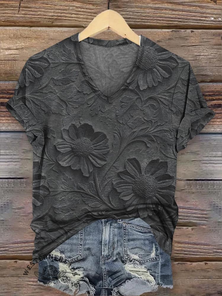 Retro Relief Floral Pattern V-neck Casual T-Shirt