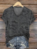 Retro Relief Floral Pattern V-neck Casual T-Shirt