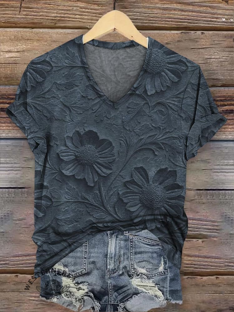 Retro Relief Floral Pattern V-neck Casual T-Shirt