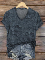 Retro Relief Floral Pattern V-neck Casual T-Shirt