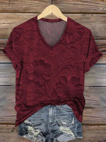 Retro Relief Floral Pattern V-neck Casual T-Shirt