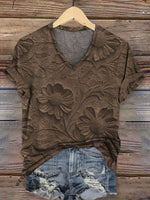 Retro Relief Floral Pattern V-neck Casual T-Shirt