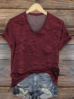 Retro Relief Floral Pattern V-neck Casual T-Shirt