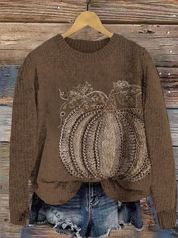 Vintage Autumn Halloween Pumpkin Pattern Women's Casual Pullover Sweater