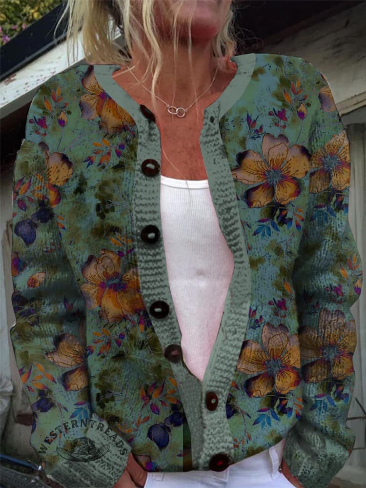 Retro Flower Prints Women's Vintage Art V-neck Casual T-Shirt