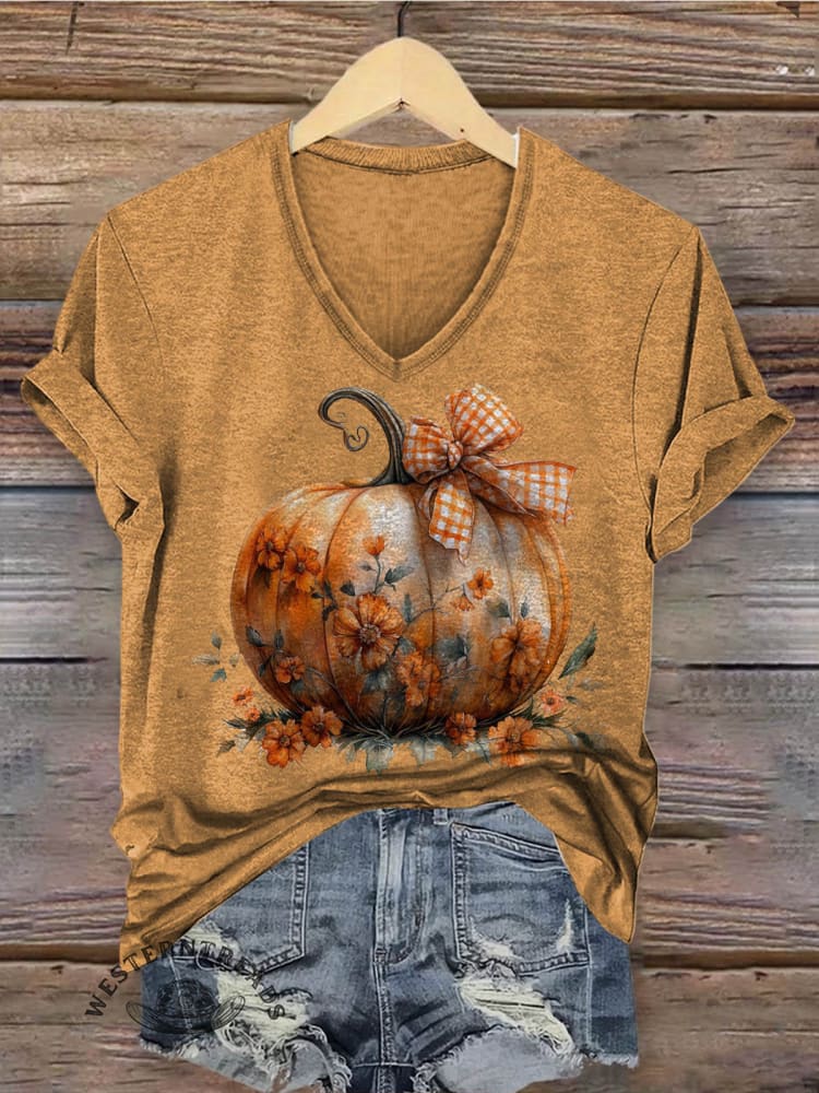 Halloween Pumpkin Print Women's V-neck Casual T-Shirt