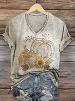 Women's Vintage Halloween Pumpkin Pattern Art V-neck Casual T-Shirt