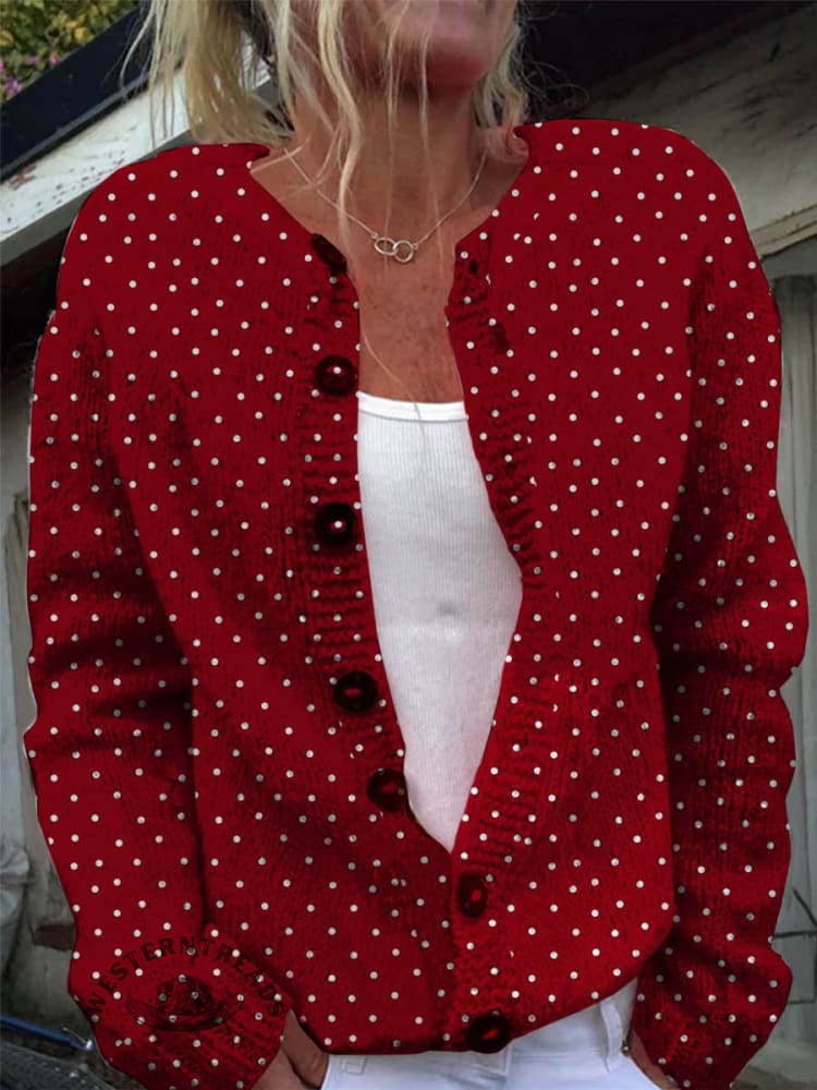 Simple Red Polka Dots Print Buttoned Cardigan Sweater