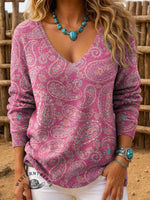Retro Paisley Print Women's Casual Pullover Sweater