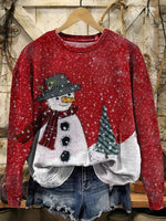 Retro Christmas Snowman Print Casual Cotton Sweatshirt